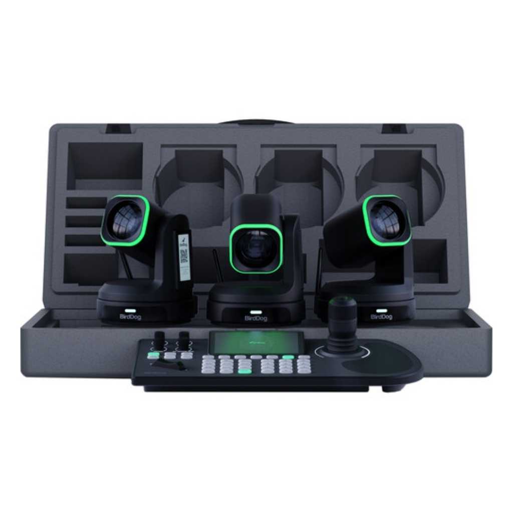 3 cámaras PTZ BirdDog X1 Ultra y controlador PTZ KBD (negro)