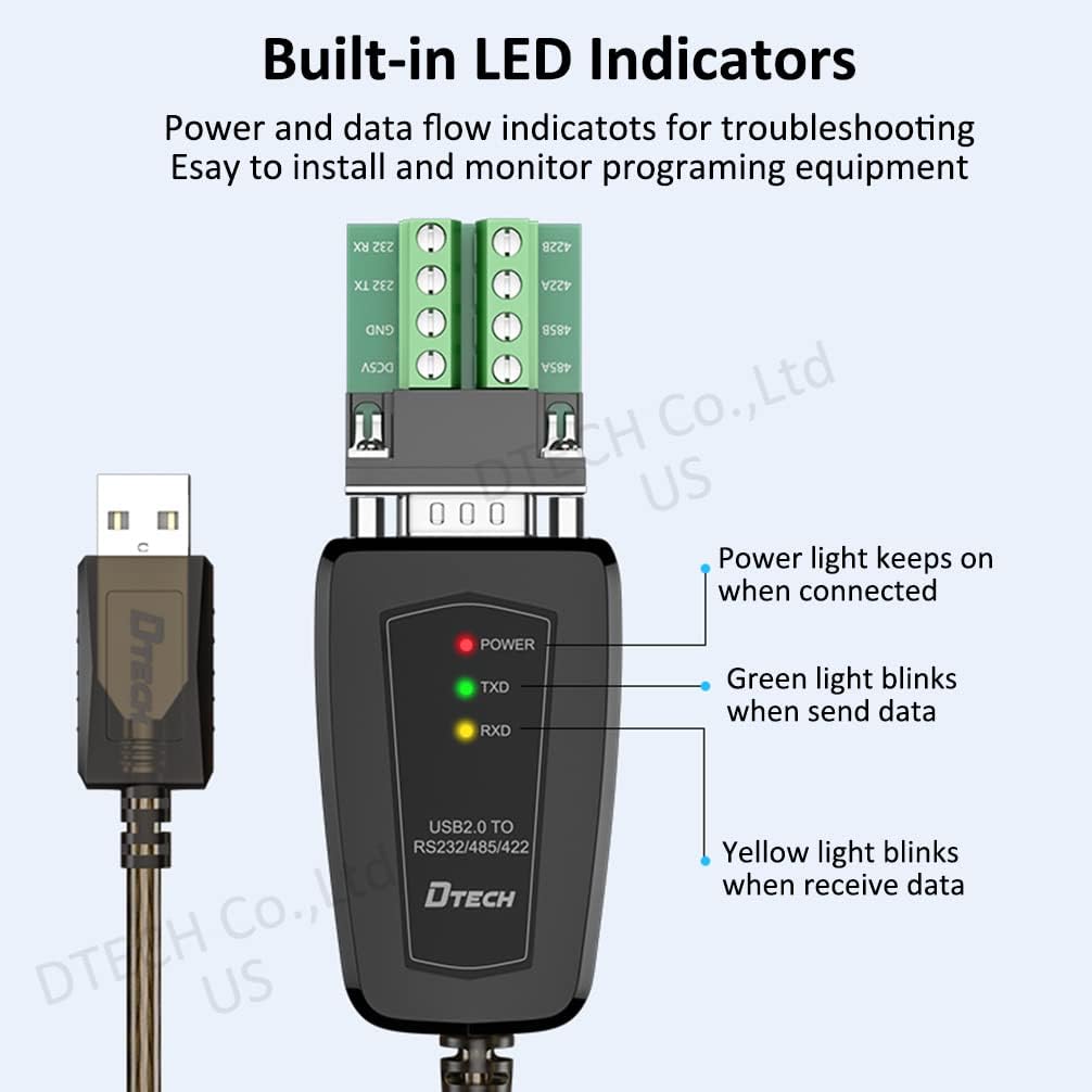 Adaptador USB a serie RS422 RS485 R232 a cable USB (interfaz 3 en 1) soporta CC 5V con placa de ruptura luces LED para dispositivos de control multitipo, Windows 11, 10, 8, 7, XP Mac (1.5 pies)