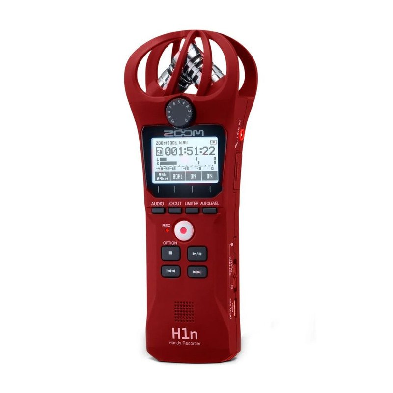 Grabadora portátil Zoom H1n de 2 entradas/2 pistas con micrófono X/Y integrado (rojo)